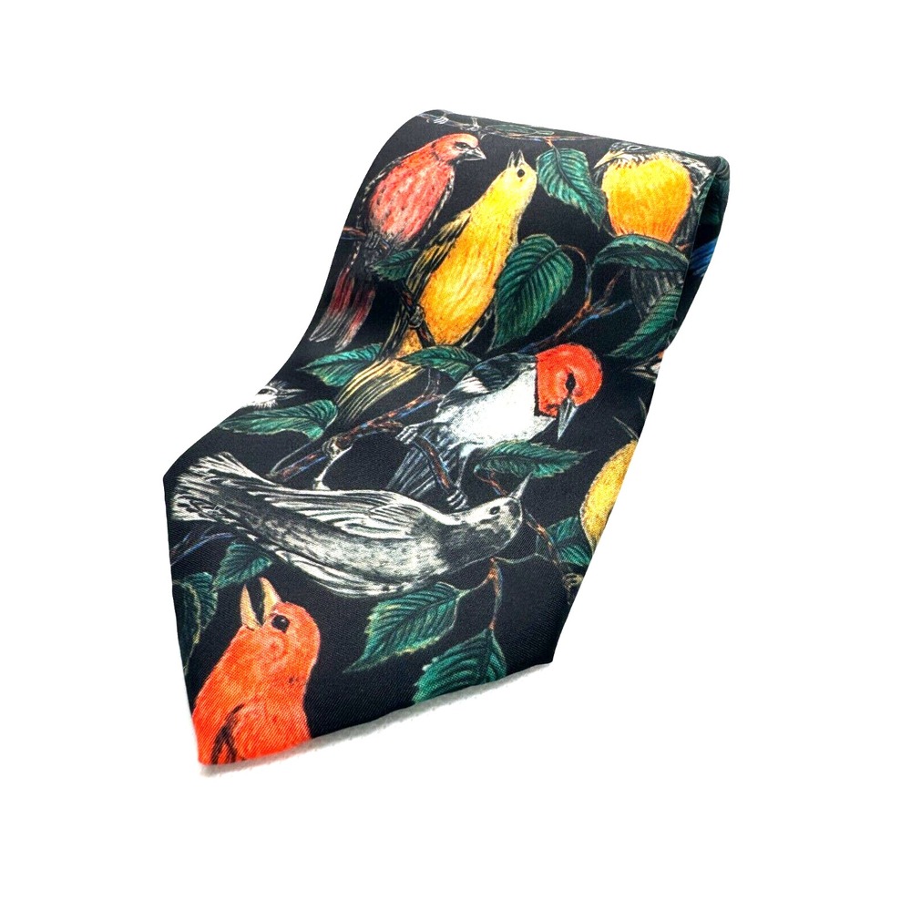 D'em Crazy Mens‎ Black Wild Bird Print Silk Necktie 1996 - Picture 2 of 4